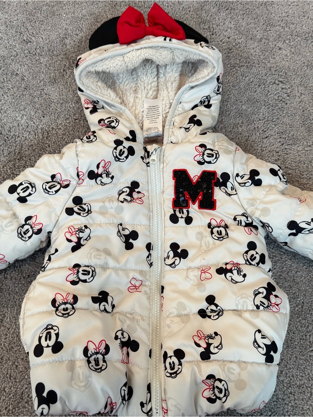 Disney White Minnie & Mickey Print Puffer Jacket with Red Bow